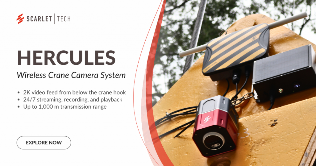 Hercules is a wireless crane camera system designed for tower and large cranes. It delivers a 2K video feed from below the crane hook, with a transmission range of up to 1,000 meters. The system features 24/7 streaming, recording, and playback capabilities.