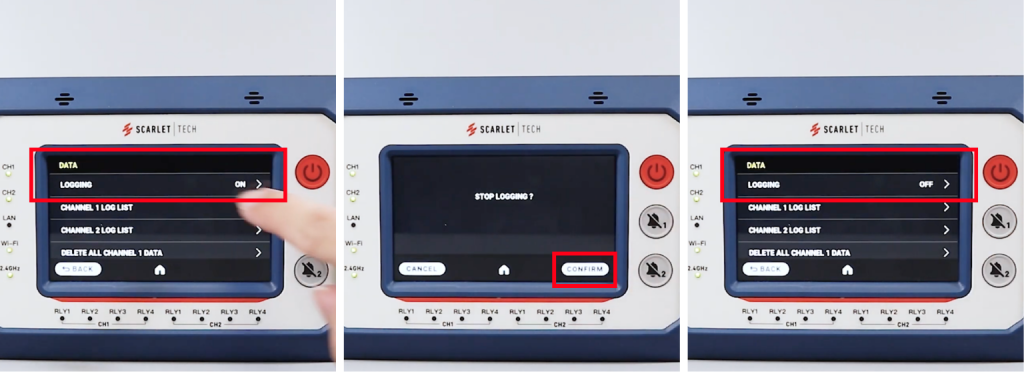 On the console, slide right to access the “SETTINGS” menu. Scroll down to “DATA” > “LOGGING”. Press “ON” to toggle logging off. When “STOP LOGGING?” appears, press “CONFIRM”.