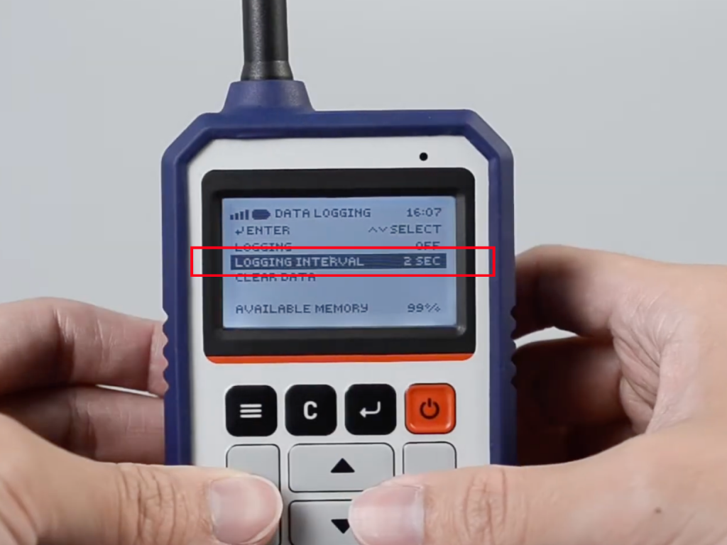Go to “LOGGING INTERVAL” to set desired logging interval (Logging interval can only be altered while the data logging function is OFF)