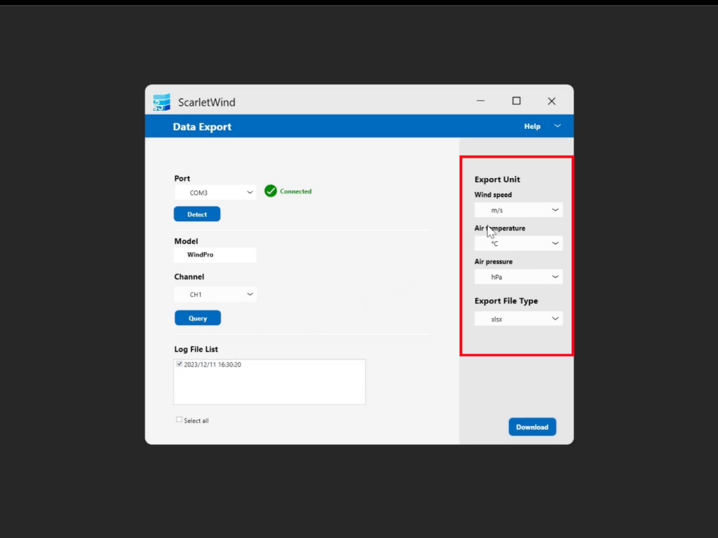 Under Export Unit, choose your preferred measurement unit and file type.