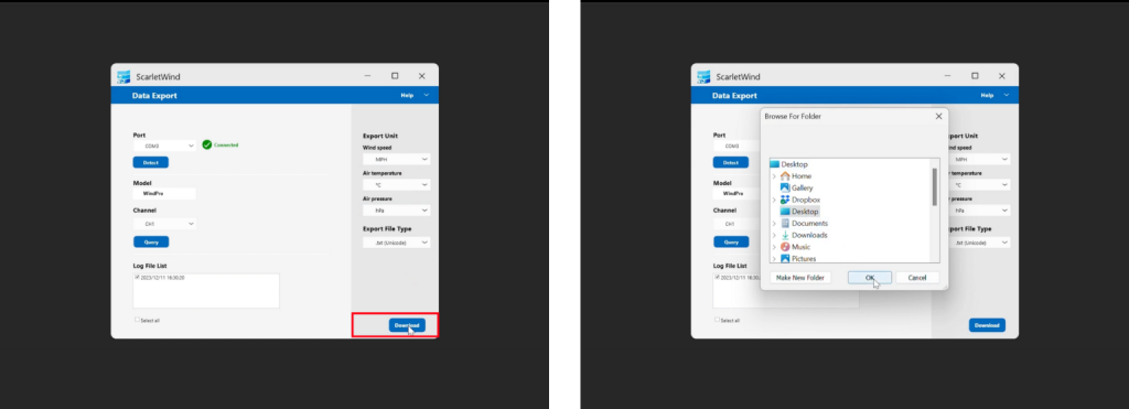 Click “Download”, then select the destination folder on your PC and click “OK”.