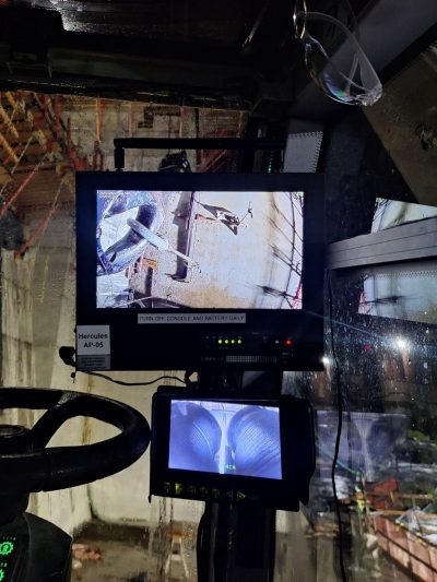 Clear video feed in low-light conditions, monitored from inside the crane cabin