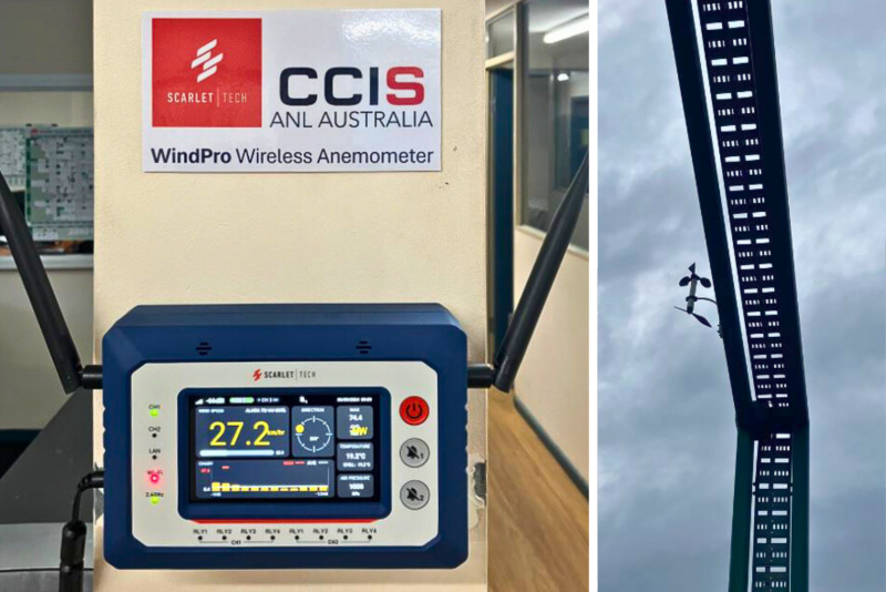 WindPro control console located inside office (left) & wind sensor installed in empty container yards (right)