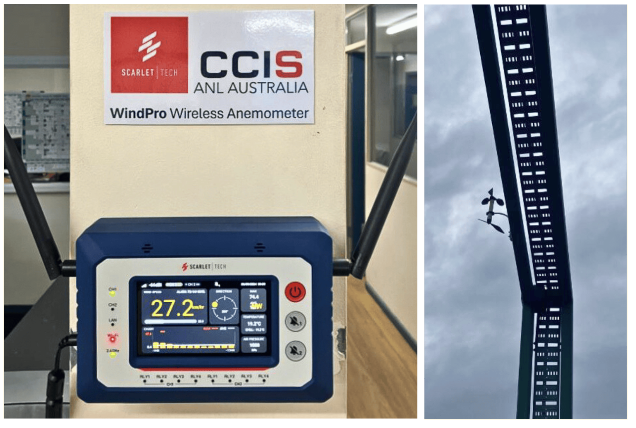 WindPro control console located inside office (left) & wind sensor installed in empty container yards (right)