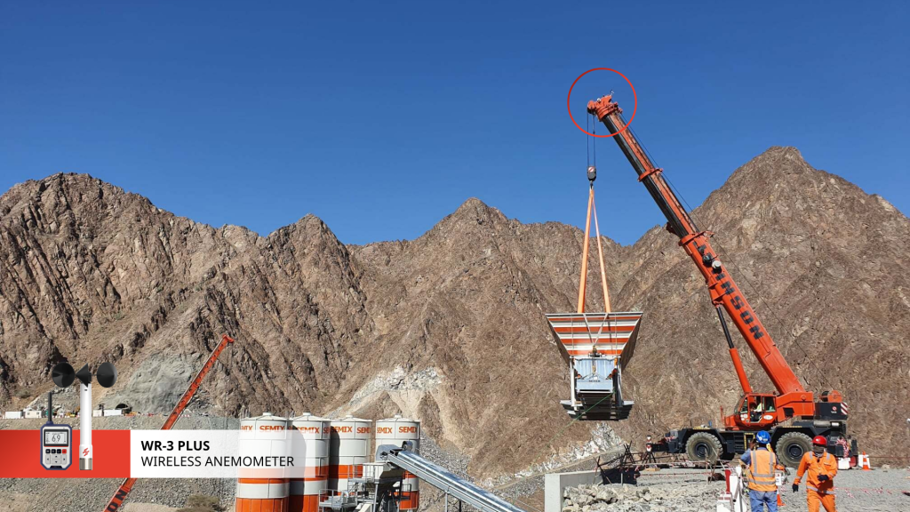 Scarlet WR-3 Plus wireless anemometer wind speed meter installed on mobile crane at construction site