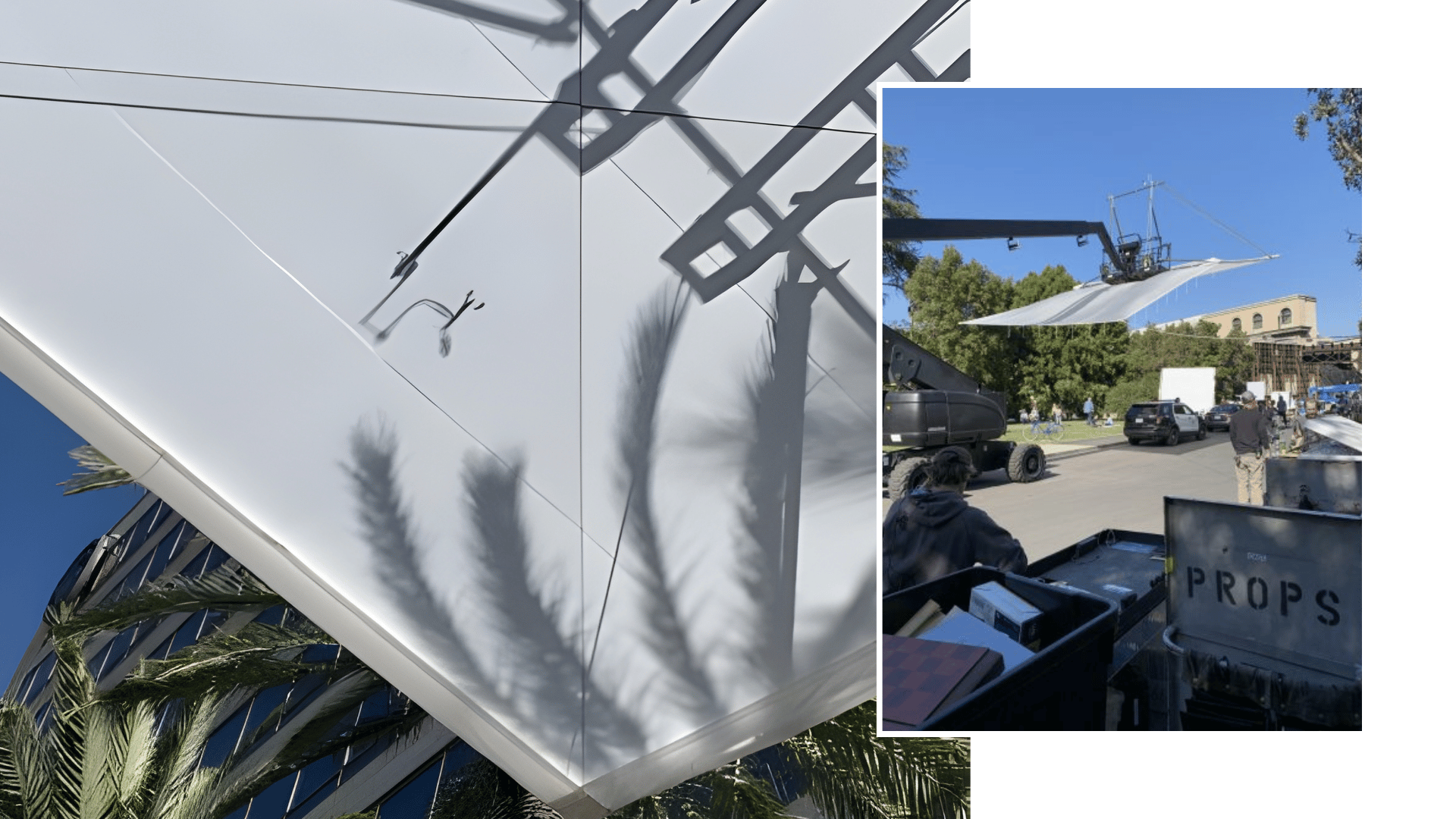 Use of a Scarlet wireless anemometer for rigging safety in outdoor film production, shown mounted on an elevated diffusion panel.