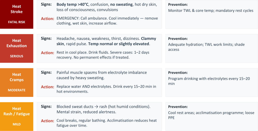 Chart outlining heat-related illnesses from mild to fatal, including heat rash, cramps, exhaustion, and heat stroke, with symptoms, actions, and prevention measures for each.