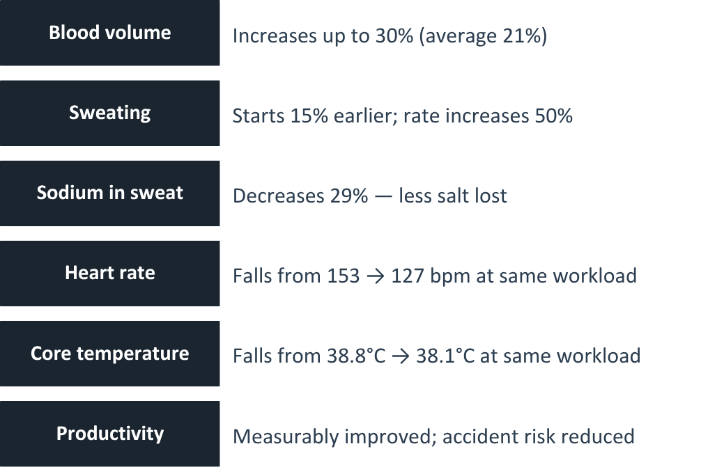 List of what physiological physiological achieves from heat acclimatisation